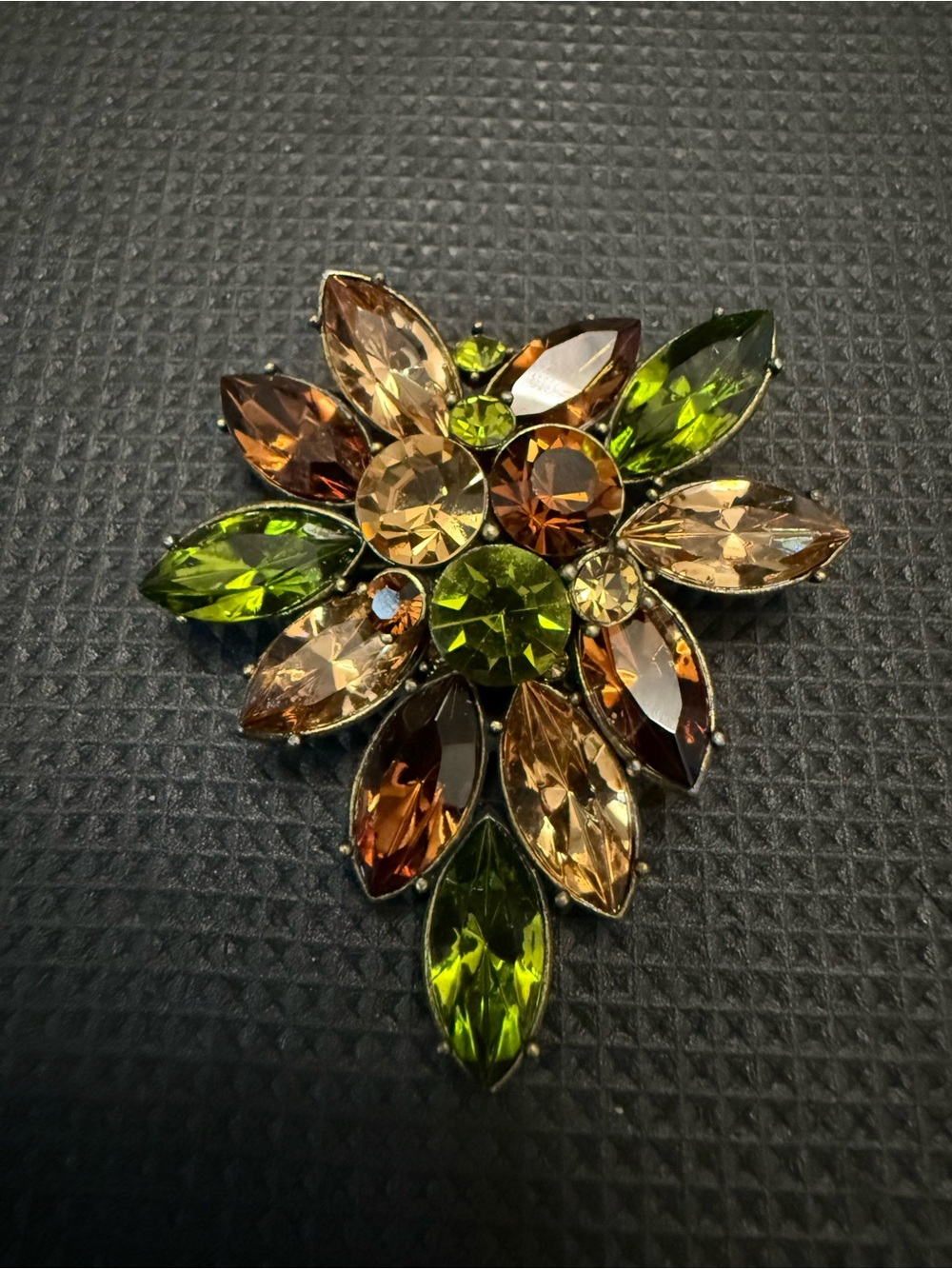 Vintage Multi-Color Crystal Floral Brooch - Olive & Amber Stones